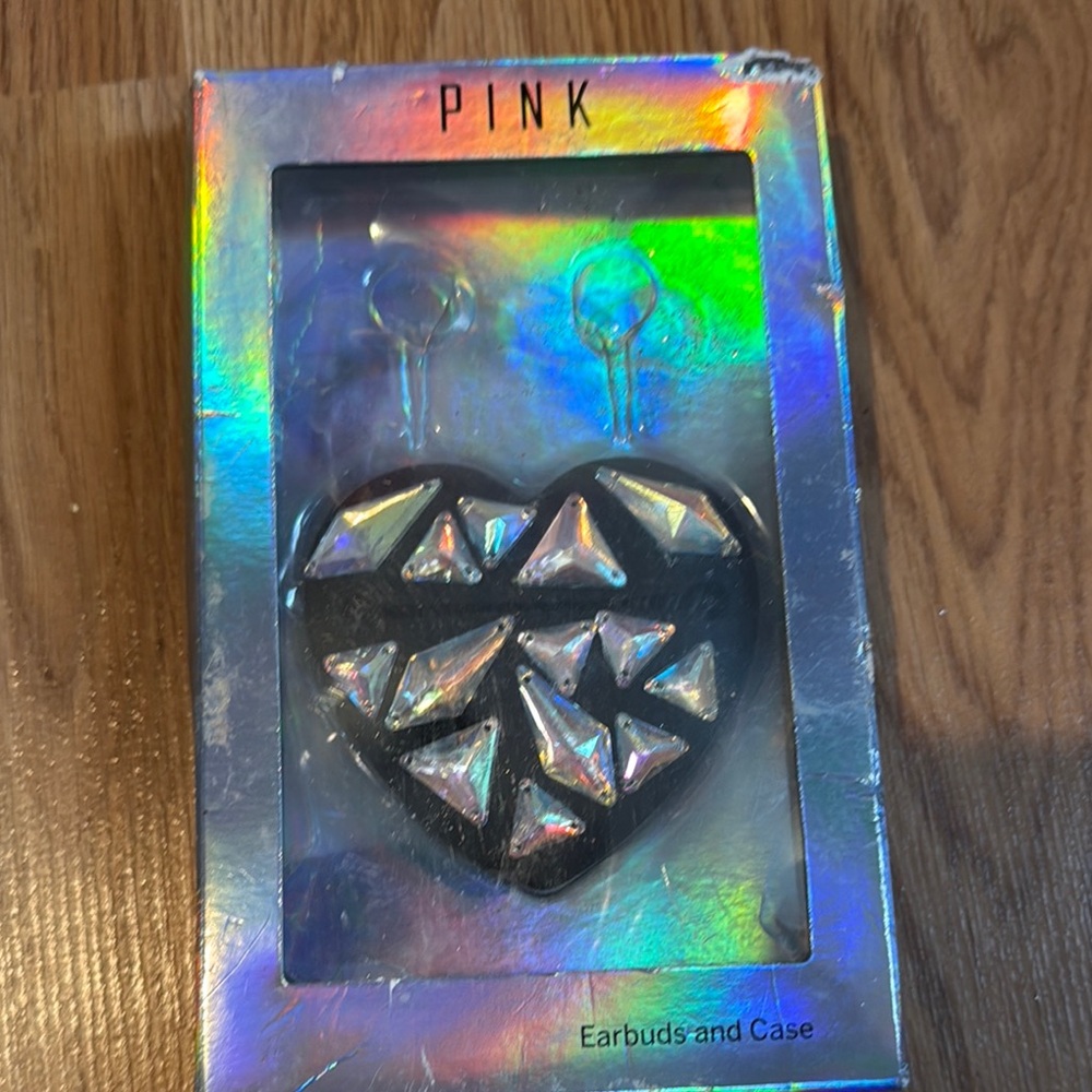 Vintage PINK Victoria secret rhinestone Heart Earbuds Case